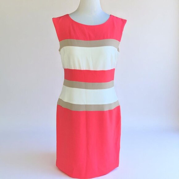 Studio One Colorblock Shift Dress 8 Sleeveless Coral Stripe Work to Weekend Chic - Picture 2 of 5